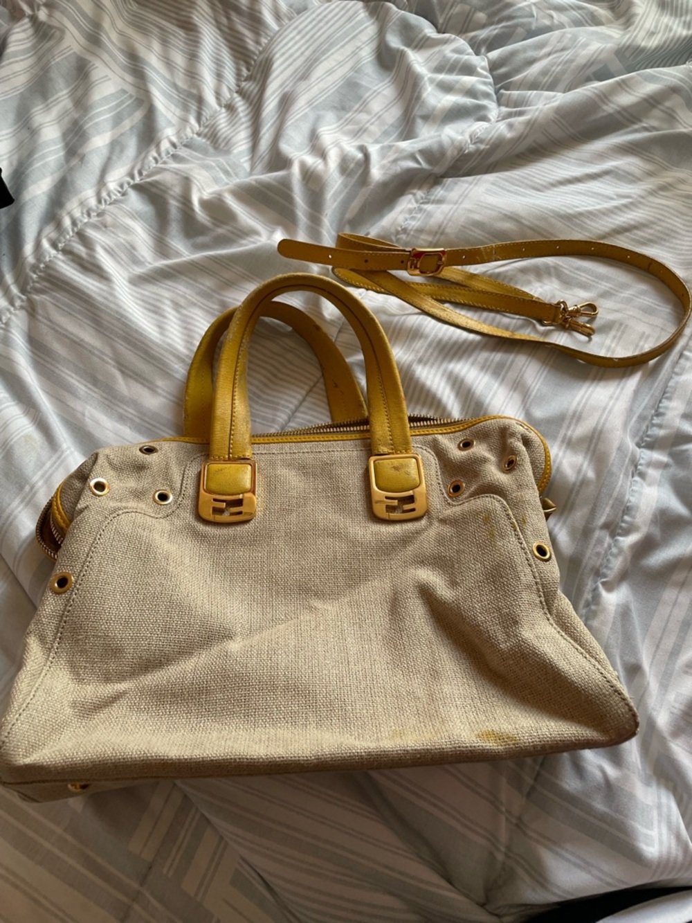 Fendi Canvas Satchel with Yellow Leather Trim - Women Bags
